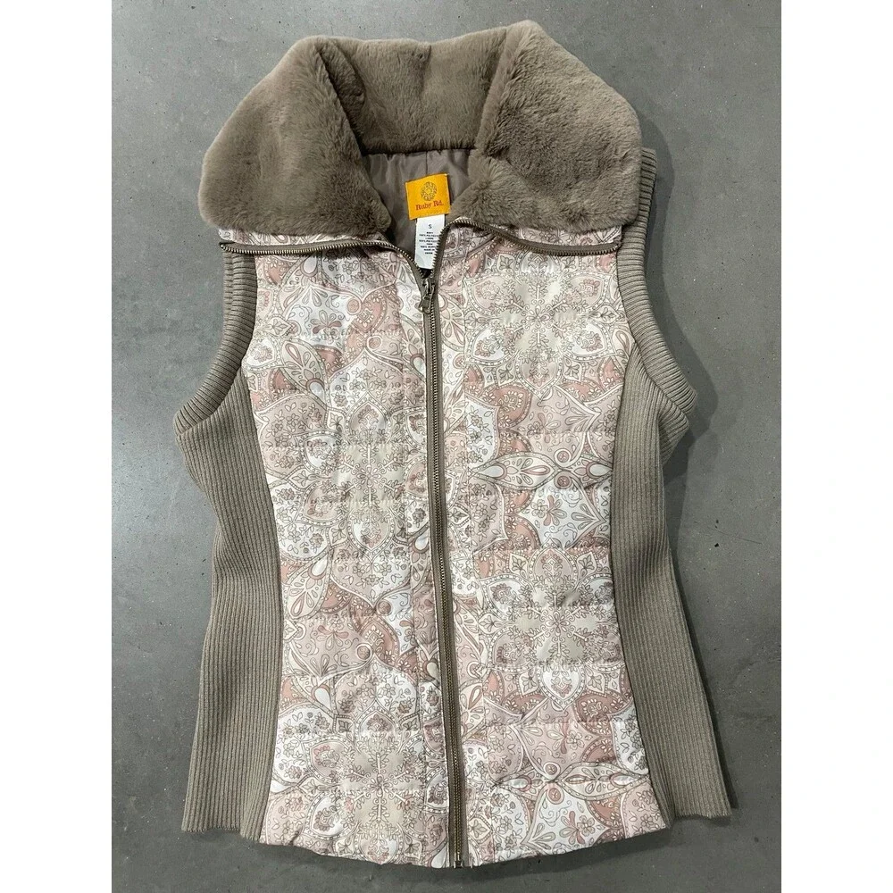 Ruby Rd Puffer Vest Jacket Womens Large Floral Paisley Faux Fur Collar Zip SizeS - Picture 1 of 5